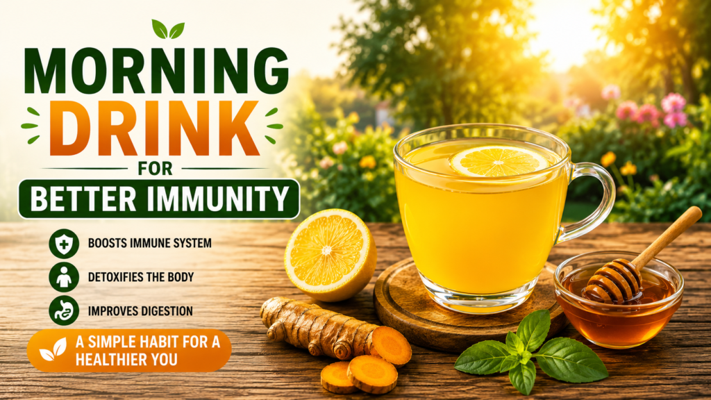 Healthy morning immunity drink made with lemon, turmeric, honey, and warm water in a glass cup.