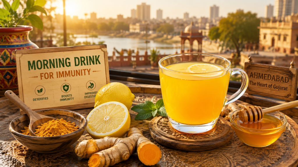 Healthy morning immunity drink made with lemon, turmeric, honey, and warm water in a glass cup.