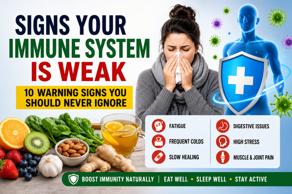 Signs your immune system is weak infographic showing symptoms, causes, and natural ways to boost immunity.