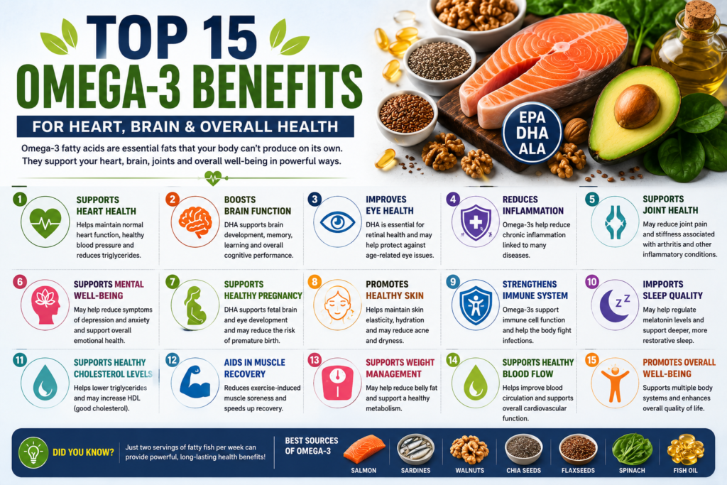 Omega-3 Benefits, Omega-3 Fatty Acids, Top 15 Omega-3 benefits, Best Omega-3 Foods, Tips to increase Omega-3,