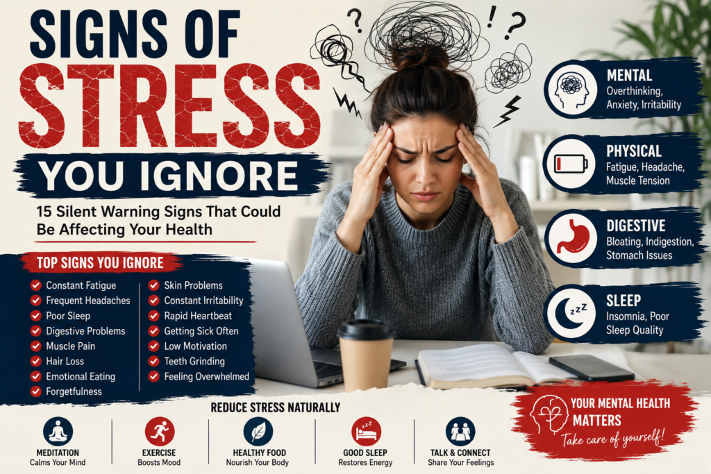 Signs of stress you ignore,
ignore stree symptoms,
physical symptoms of stress,
health risks of ignoring stress,
foods that help reduce stress naturally,

