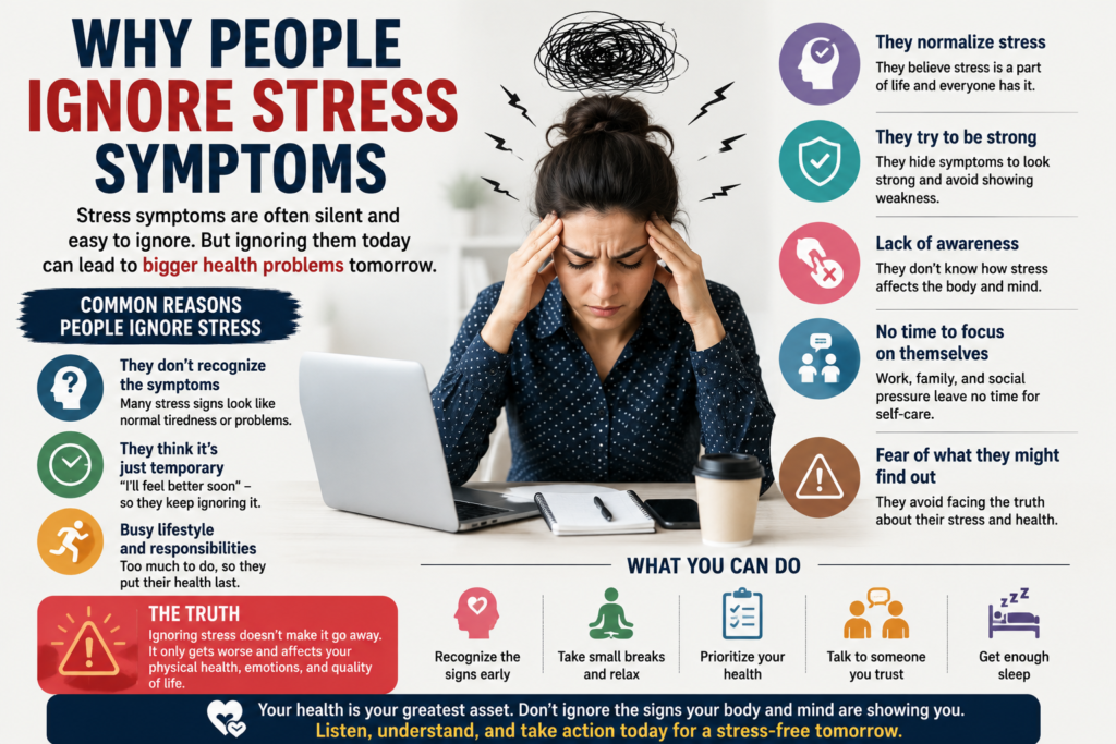 Signs of stress you ignore,
ignore stree symptoms,
physical symptoms of stress,
health risks of ignoring stress,
foods that help reduce stress naturally,
