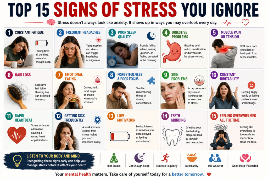 Signs of stress you ignore,
ignore stree symptoms,
physical symptoms of stress,
health risks of ignoring stress,
foods that help reduce stress naturally,
