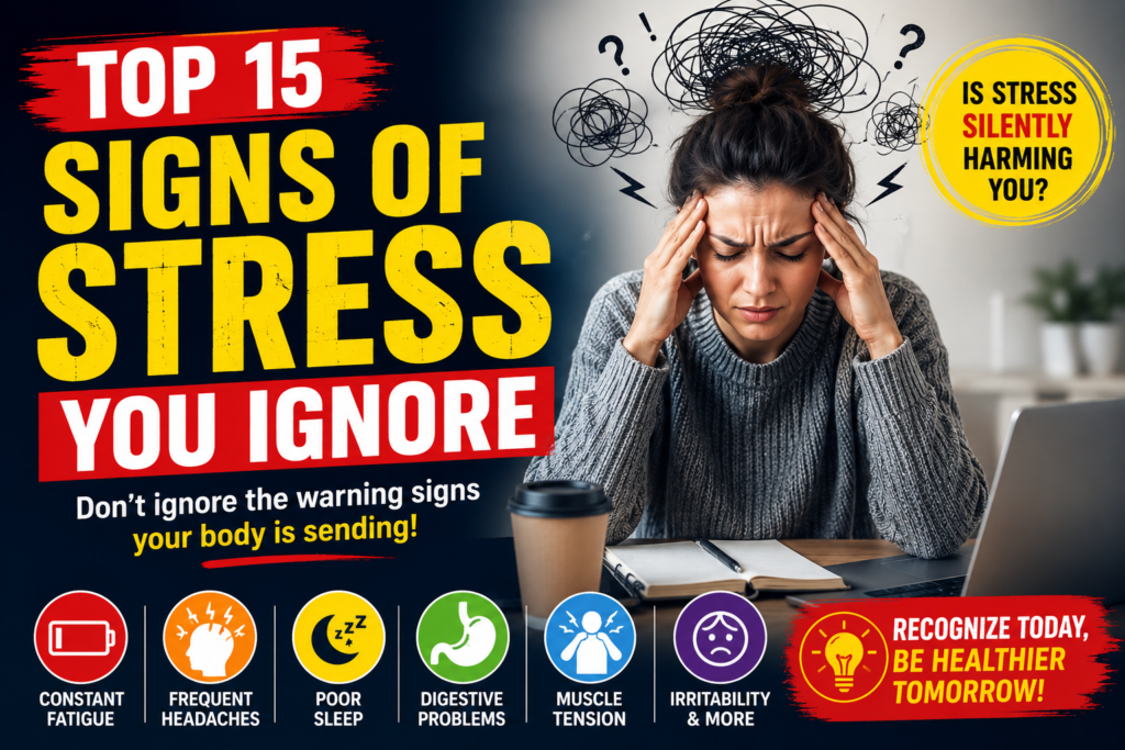 Signs of stress you ignore, ignore stree symptoms, physical symptoms of stress, health risks of ignoring stress, foods that help reduce stress naturally,