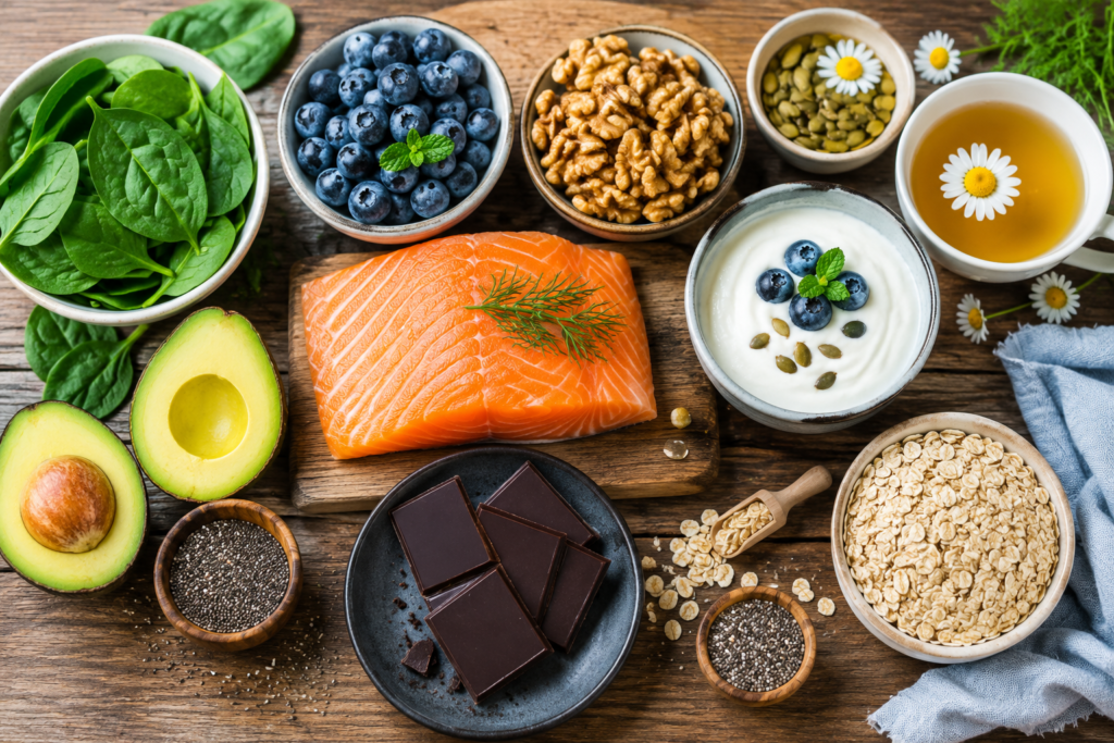 Foods that help anxiety naturally including salmon, blueberries, spinach and walnuts.