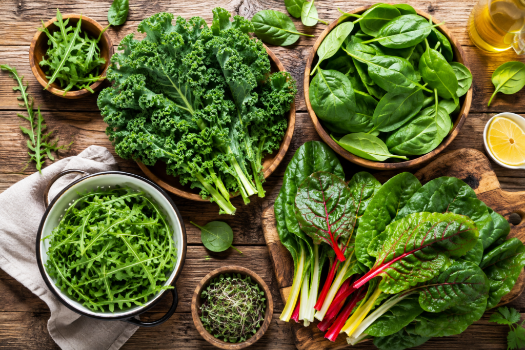 Assorted fresh leafy green vegetables for daily healthy eating
