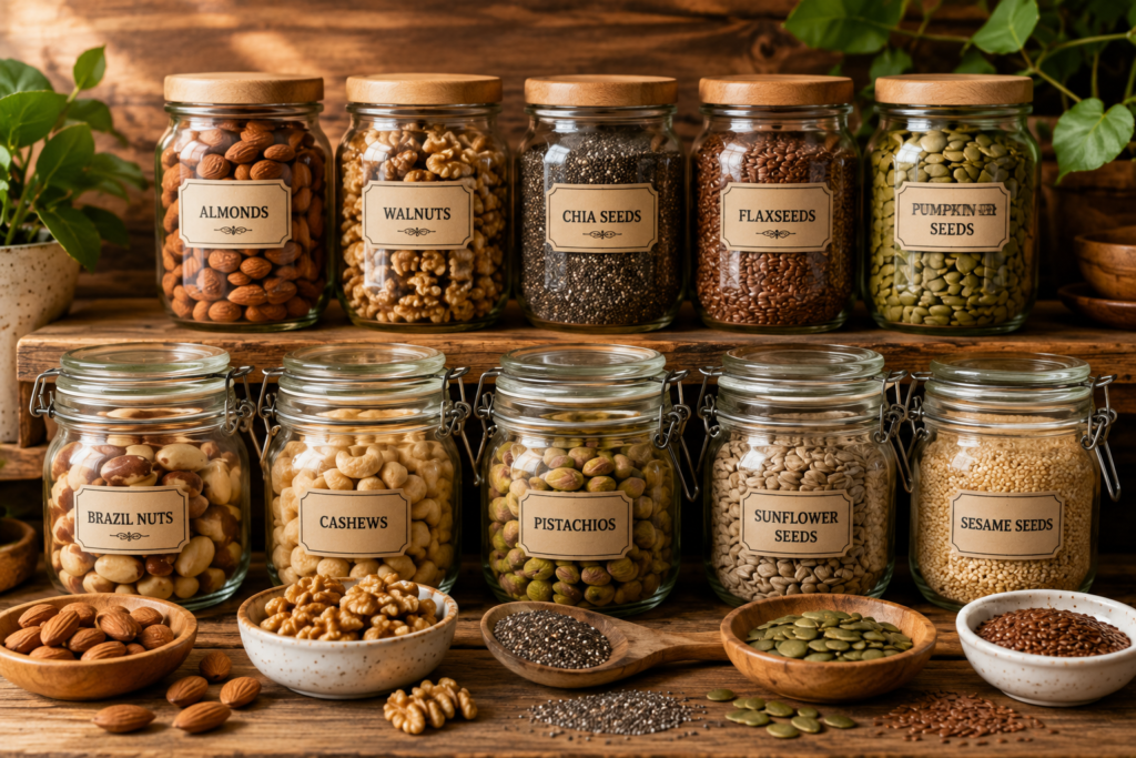 Assorted nuts and seeds in glass jars