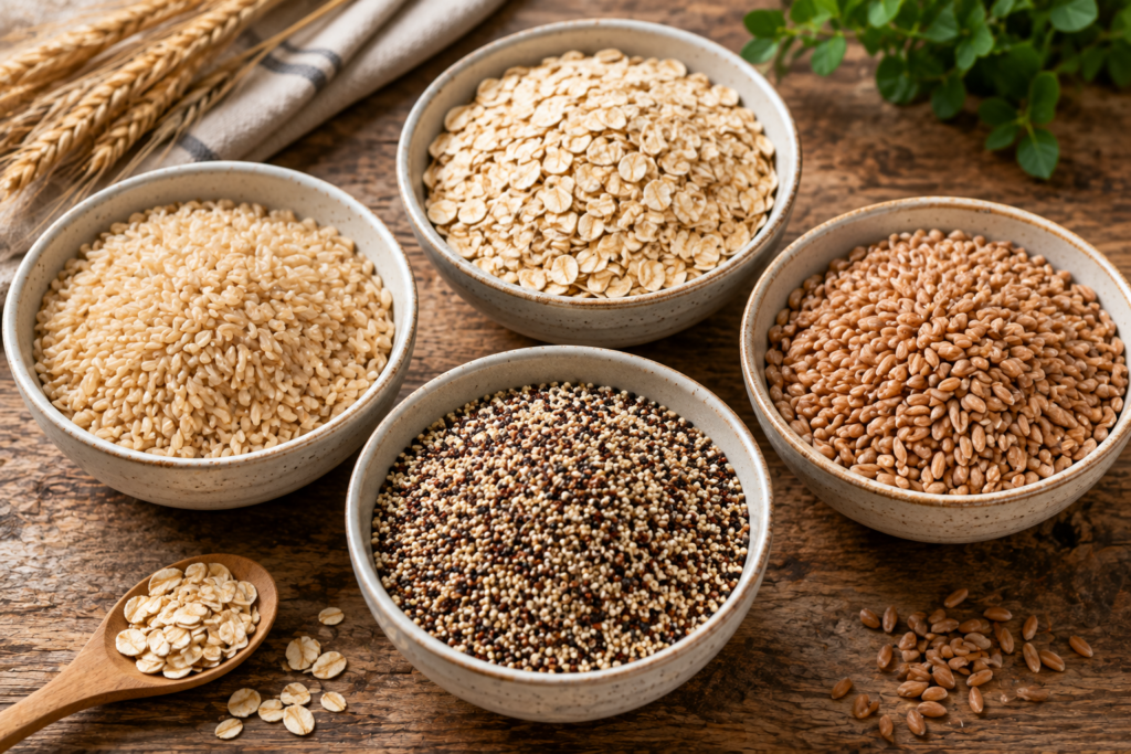 Variety of whole grains in bowls