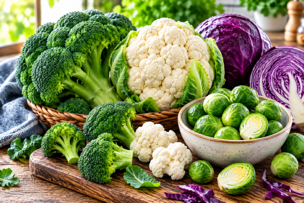 Assorted cruciferous vegetables including broccoli, cauliflower, Brussels sprouts, and purple cabbage on a wooden table, bright natural light, vibrant colors, healthy food photography