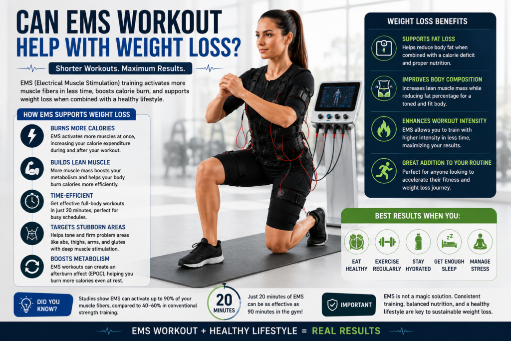 Can EMS workout help with weight loss showing woman wearing an EMS workout suit
