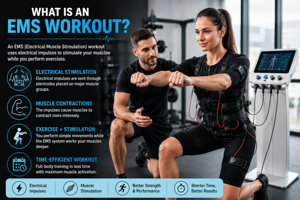 What is an EMS workout showing a woman wearing an EMS workout suit during training