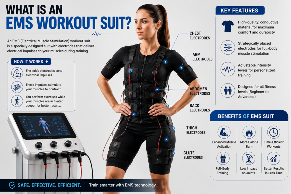 EMS workout suit with electrodes connected to an EMS workout machine