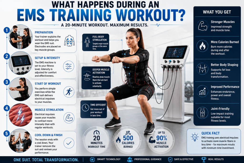 What happens during an EMS training workout with an EMS suit