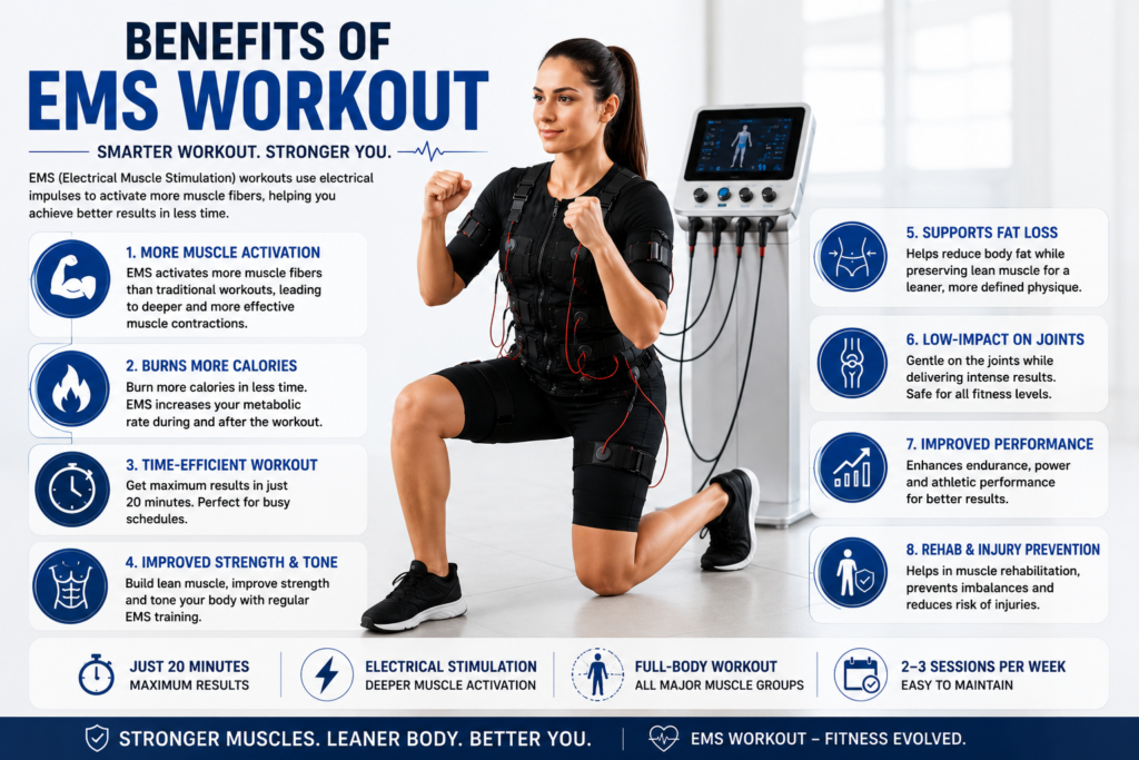 Benefits of EMS workout showing woman exercising in an EMS workout suit