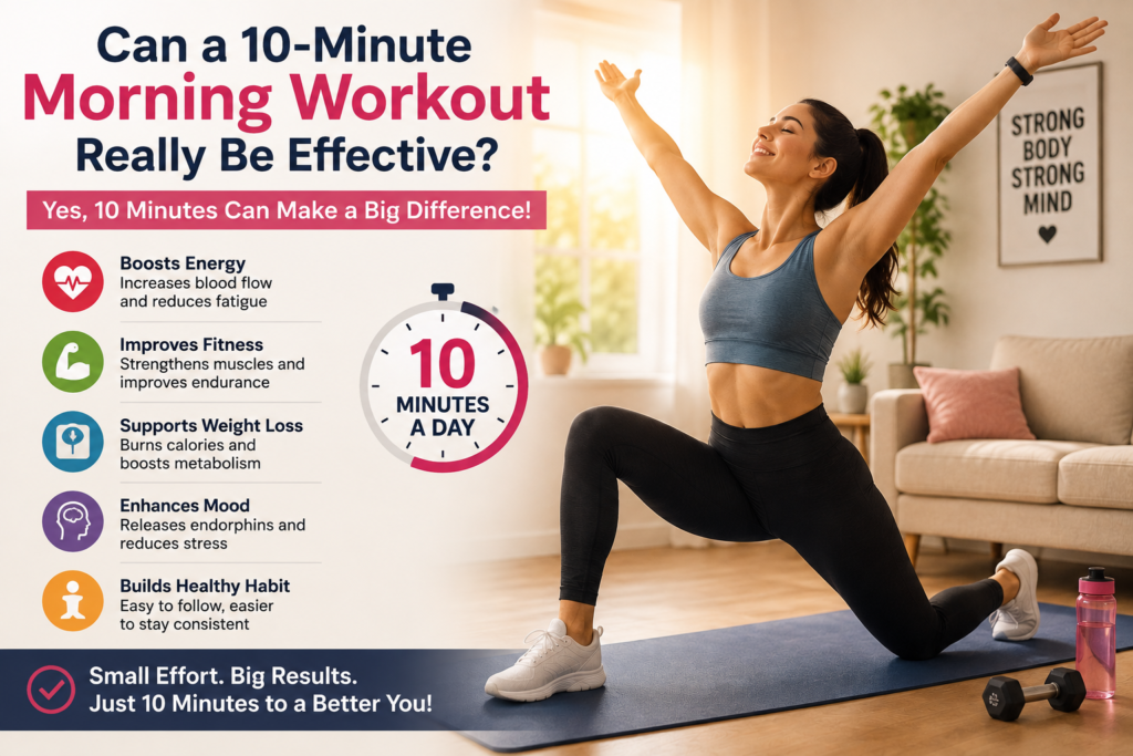 Woman doing a 10-minute morning workout at home for better fitness