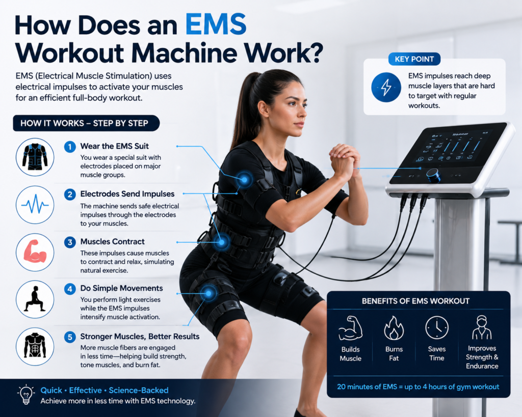 How an EMS workout machine works using electrical impulses to activate muscles during exercise