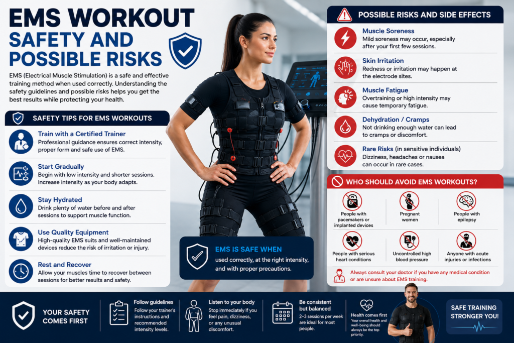 EMS workout safety infographic showing possible risks, side effects, precautions, and safety tips