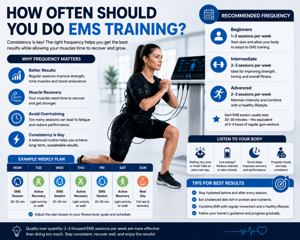 EMS training frequency guide showing recommended weekly sessions, recovery days, and an example EMS workout schedule