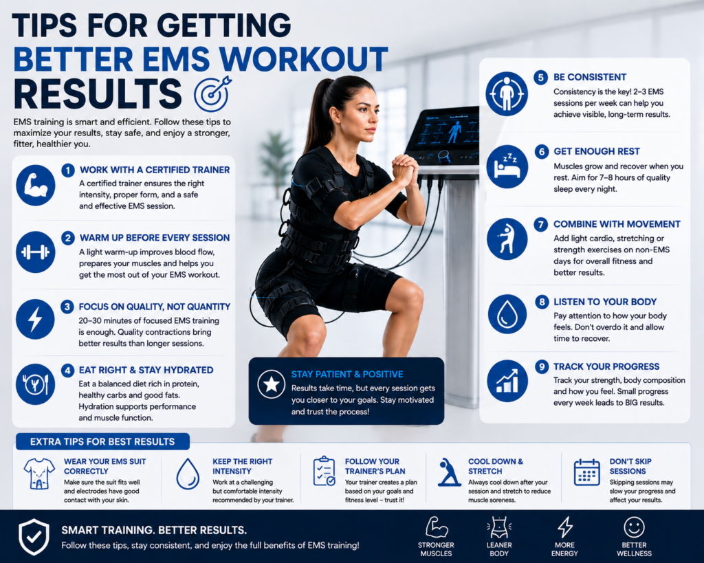 Tips for getting better EMS workout results including hydration, recovery, consistency, warm-up, and trainer guidance