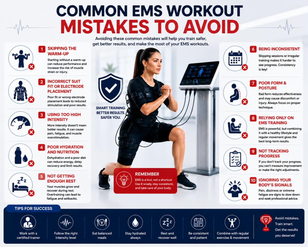 Common EMS workout mistakes to avoid including high intensity, poor hydration, incorrect suit fit, poor form, and lack of recovery