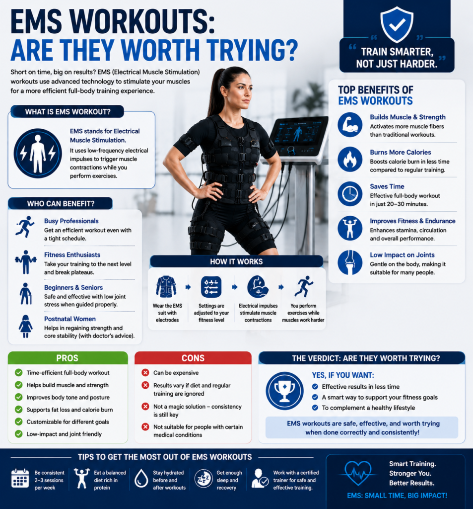 EMS workout infographic explaining benefits, pros, cons, how EMS training works, and who can benefit