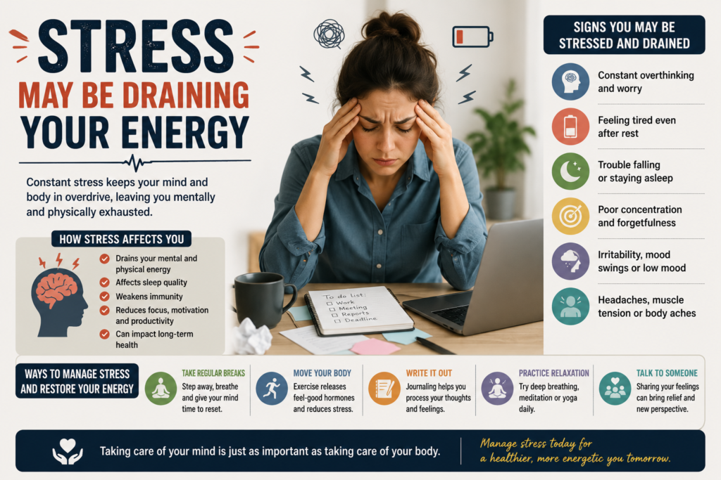 How stress can drain energy and cause tiredness, poor sleep, and low concentration