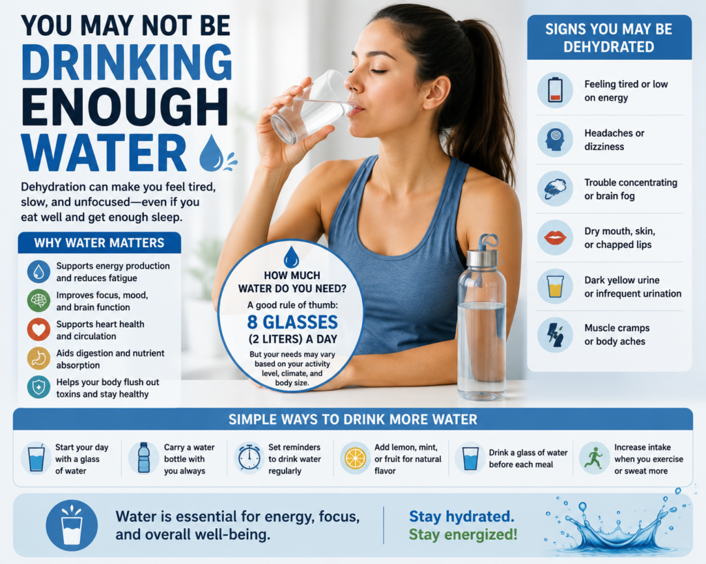 Signs of dehydration and how drinking enough water may support energy and focus