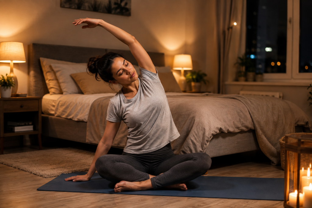 Person performing bedtime stretches before sleeping.