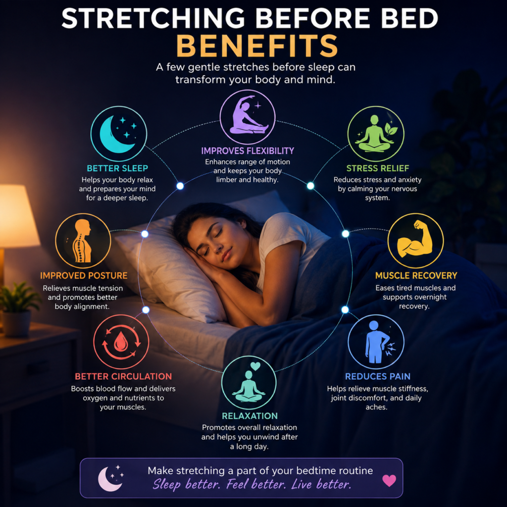 Infographic of stretching before bed benefits.