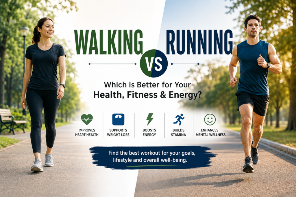 Walking vs running comparison showing a woman walking and a man running for better health, fitness, and energy