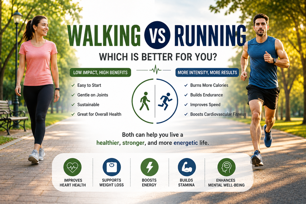 Walking vs running comparison showing the health and fitness benefits of both exercises