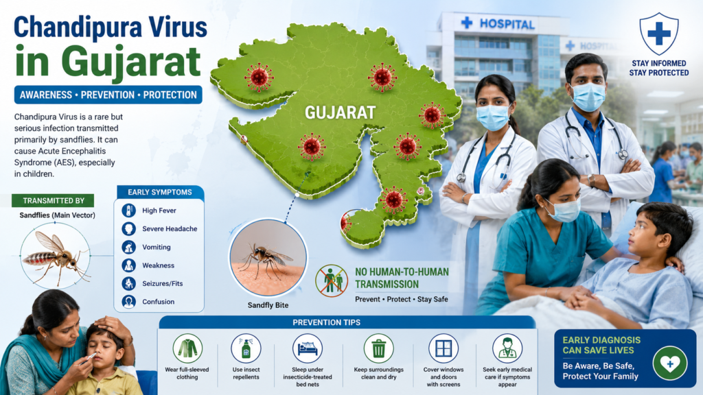 Chandipura virus awareness illustration showing Gujarat map and healthcare workers.