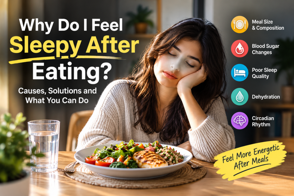 Woman feeling sleepy after eating a healthy meal, illustrating common causes of post-meal sleepiness
