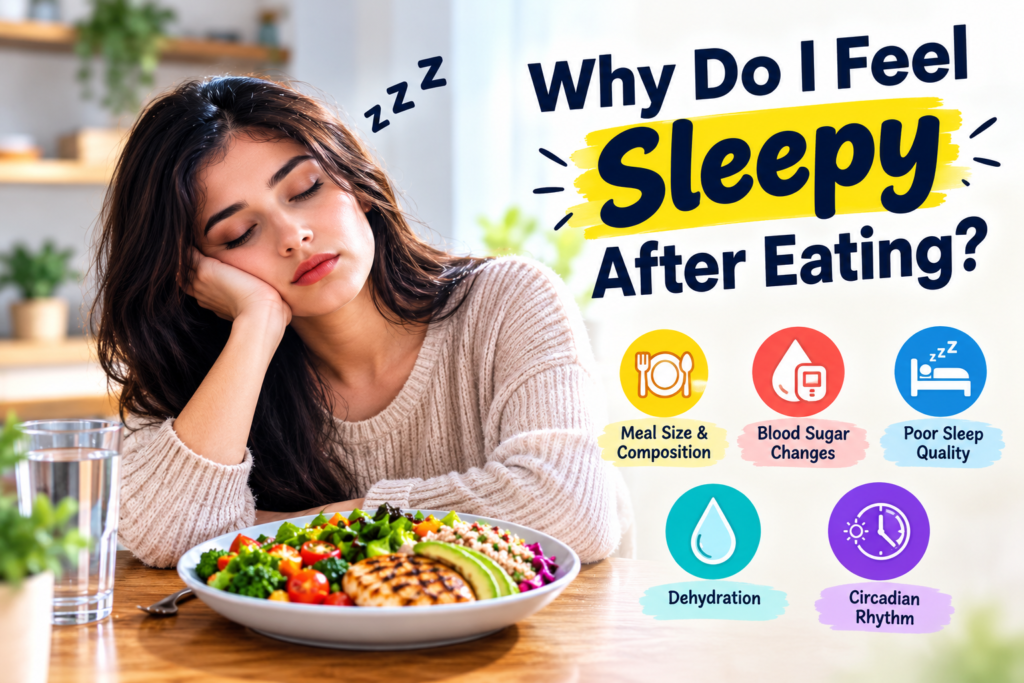 Woman feeling sleepy after eating a healthy meal with common causes of post-meal sleepiness