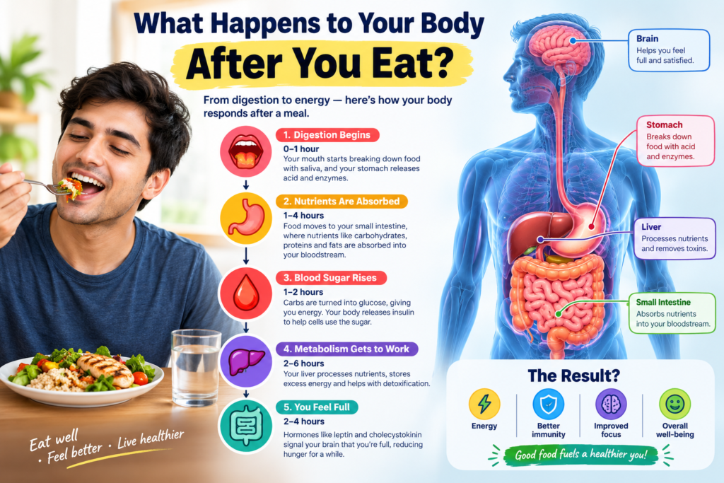 What happens to your body after you eat, showing digestion, nutrient absorption, blood sugar, metabolism, and fullness