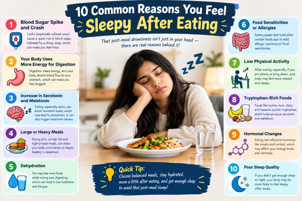10 common reasons you feel sleepy after eating, including blood sugar changes, digestion, heavy meals, dehydration, and poor sleep,extreme tiredness after eating,
extreme tiredness after eating