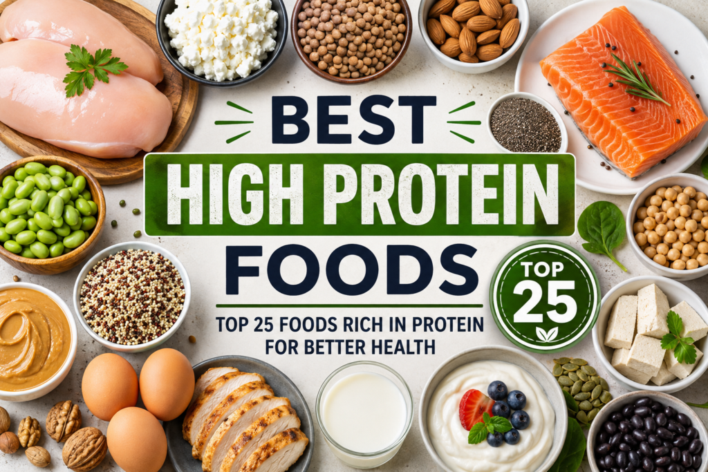Best high protein foods including chicken, salmon, eggs, Greek yogurt, lentils, tofu, nuts, seeds, and beans