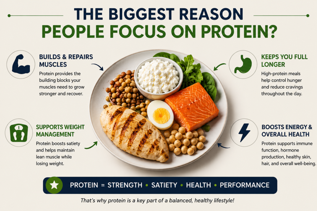 Why people focus on protein for muscle growth, fullness, weight management, energy, and overall health