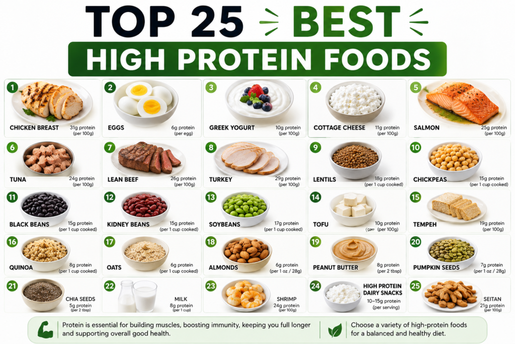 Top 25 best high protein foods including chicken, eggs, salmon, lentils, beans, tofu, Greek yogurt, nuts, seeds, and shrimp