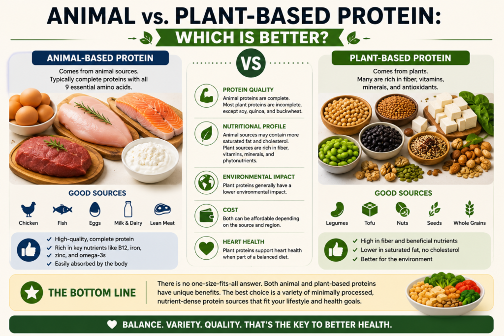 Animal vs plant-based protein comparison showing protein sources, nutrition benefits, and health differences