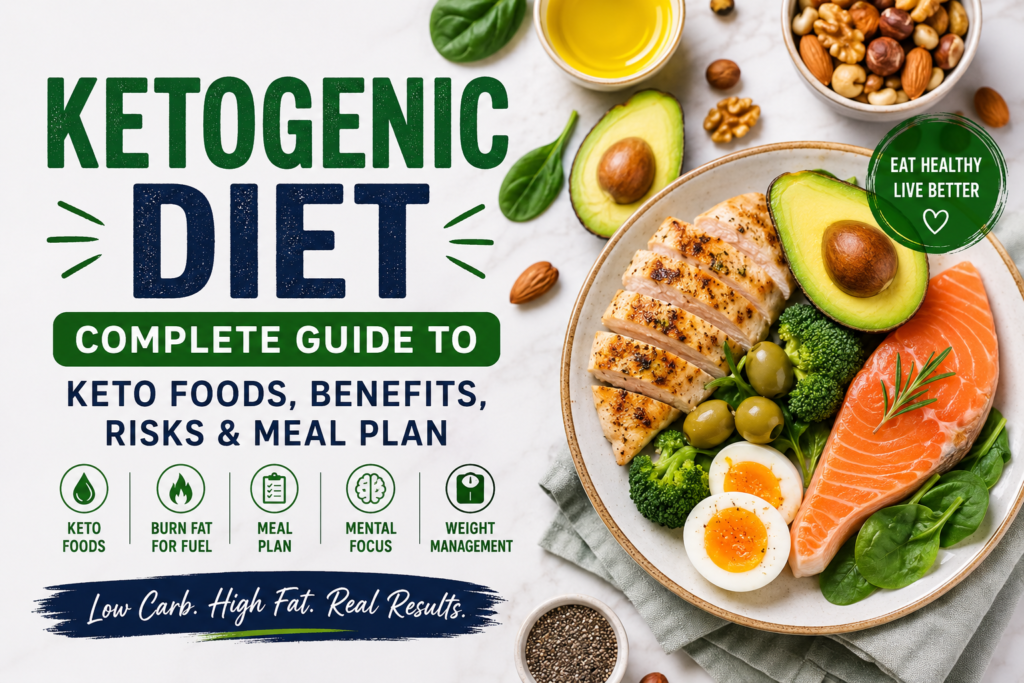 Ketogenic diet foods including eggs, avocado, salmon, leafy greens, nuts, and healthy fats arranged on a table