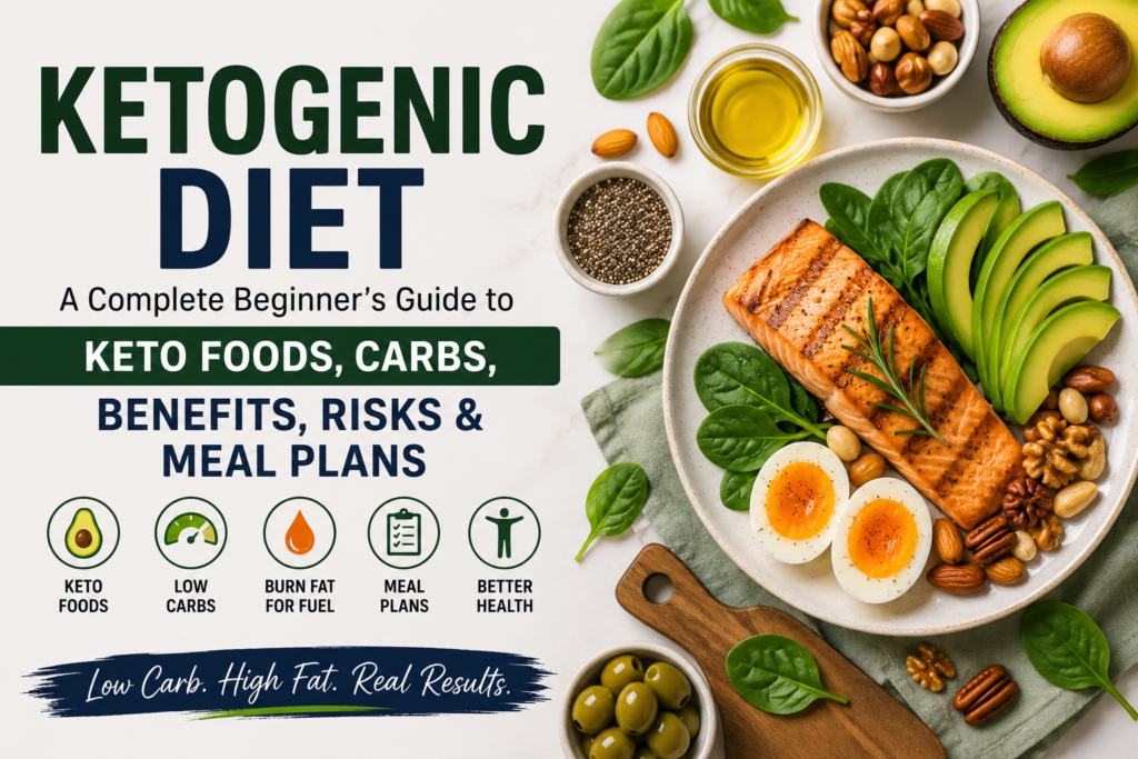 Ketogenic diet foods with salmon, avocado, eggs, spinach, nuts and seeds for a low-carb meal plan